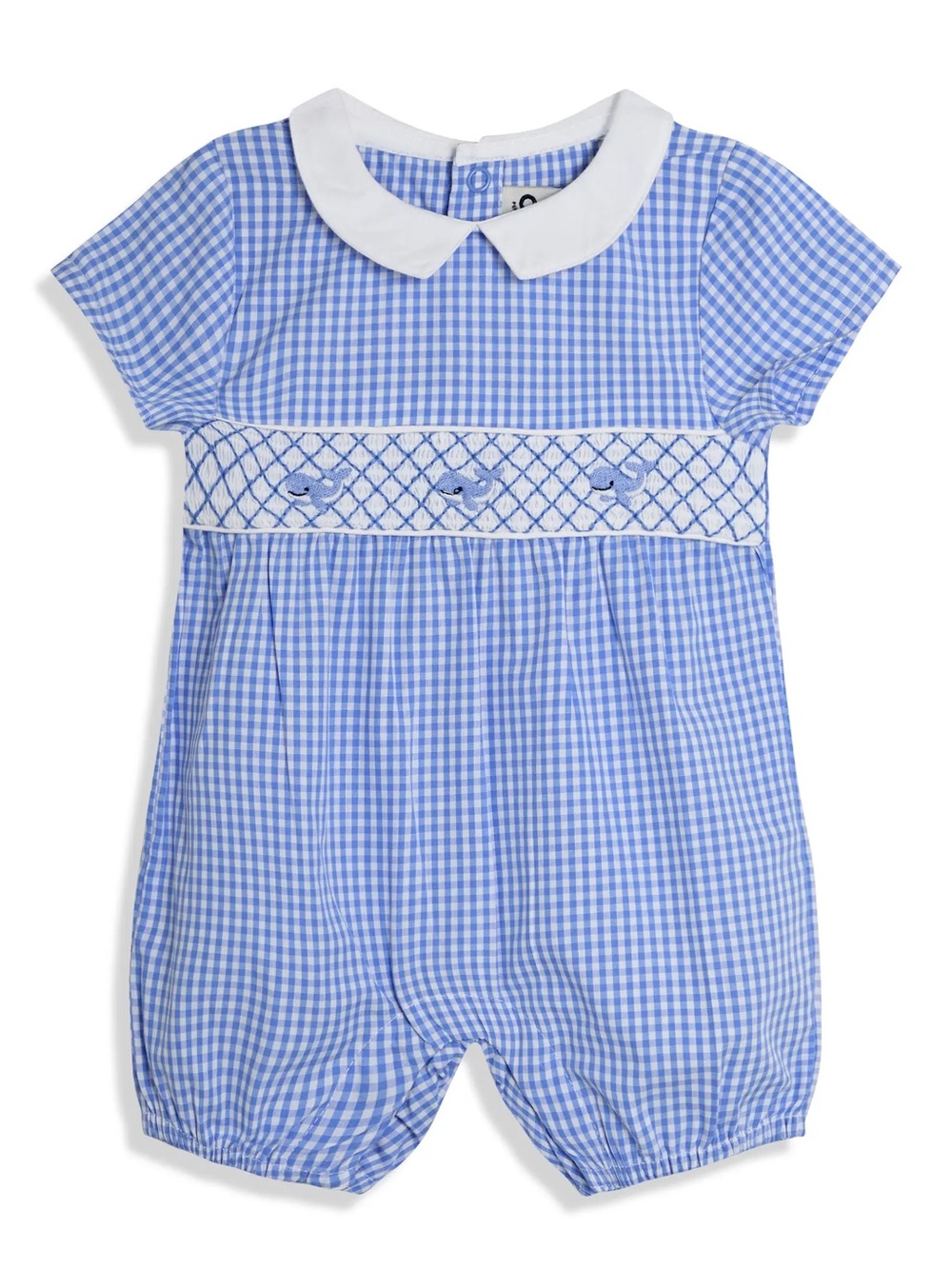 NWT JoJo Maman Bébé Blue Gingham Smocked Whale Embroidered Romper Birthday